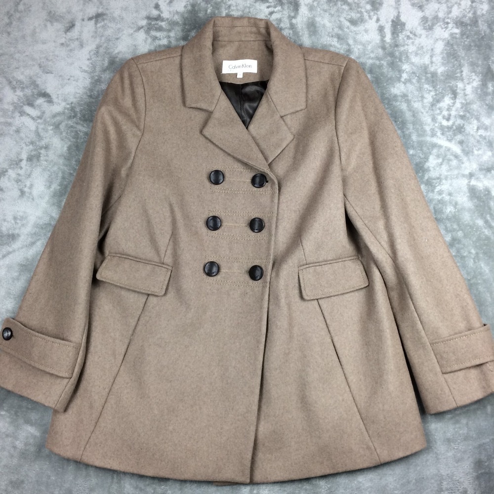 Calvin Klein Pea Coat Women 14 Tan Wool Blend Double Breasted Preppy Military - Picture 1 of 15